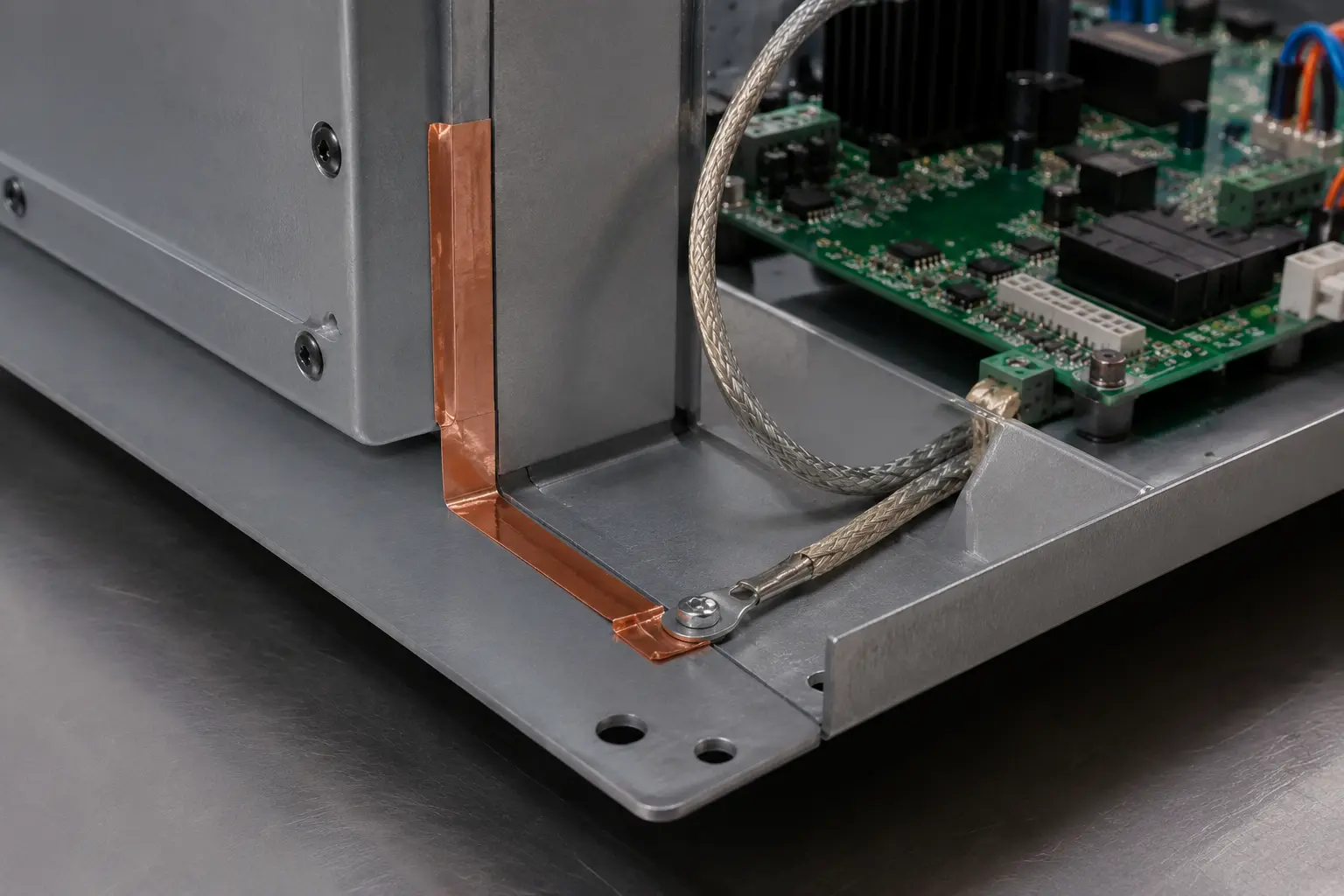 Cinta de cobre para puesta a tierra y blindaje de una carcasa electrónica