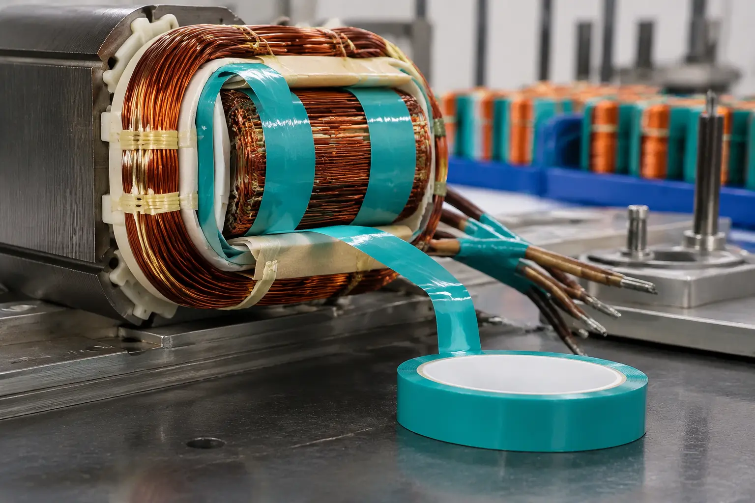 Cinta de aislamiento eléctrico envolviendo bobinados de cobre de un motor
