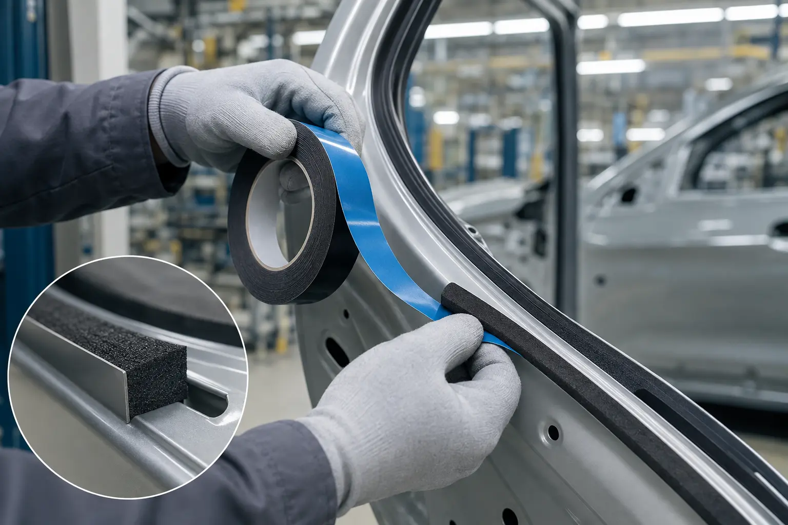 Cinta de espuma personalizada aplicada en una puerta automotriz para sellado y control de vibración