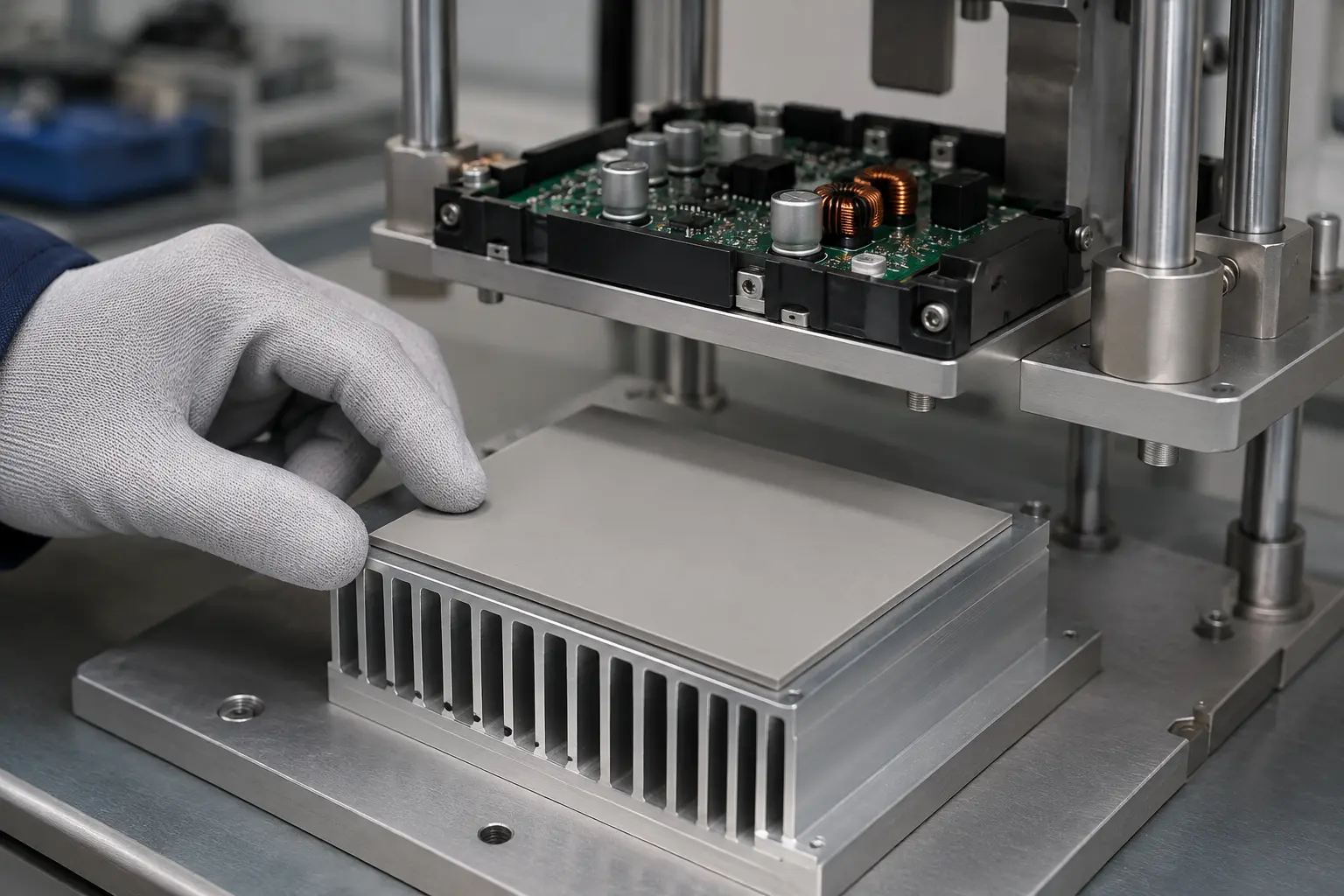 Almohadilla térmica instalada entre un módulo de potencia y un disipador de aluminio