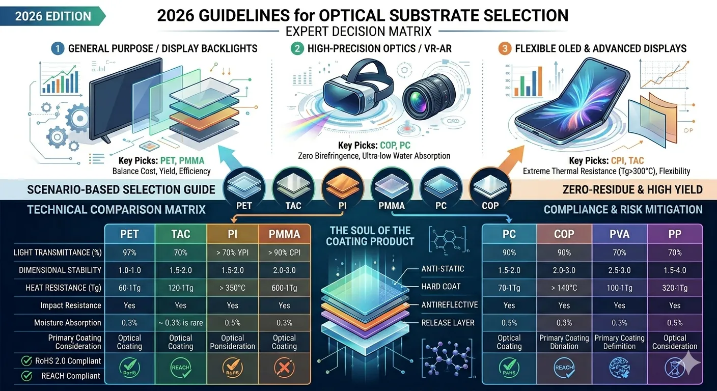Compare PET, TAC, PI, COP, and more. Learn the optical properties, thermal resistance, and industry applications of these 8 key polymers to optimize your coating process.