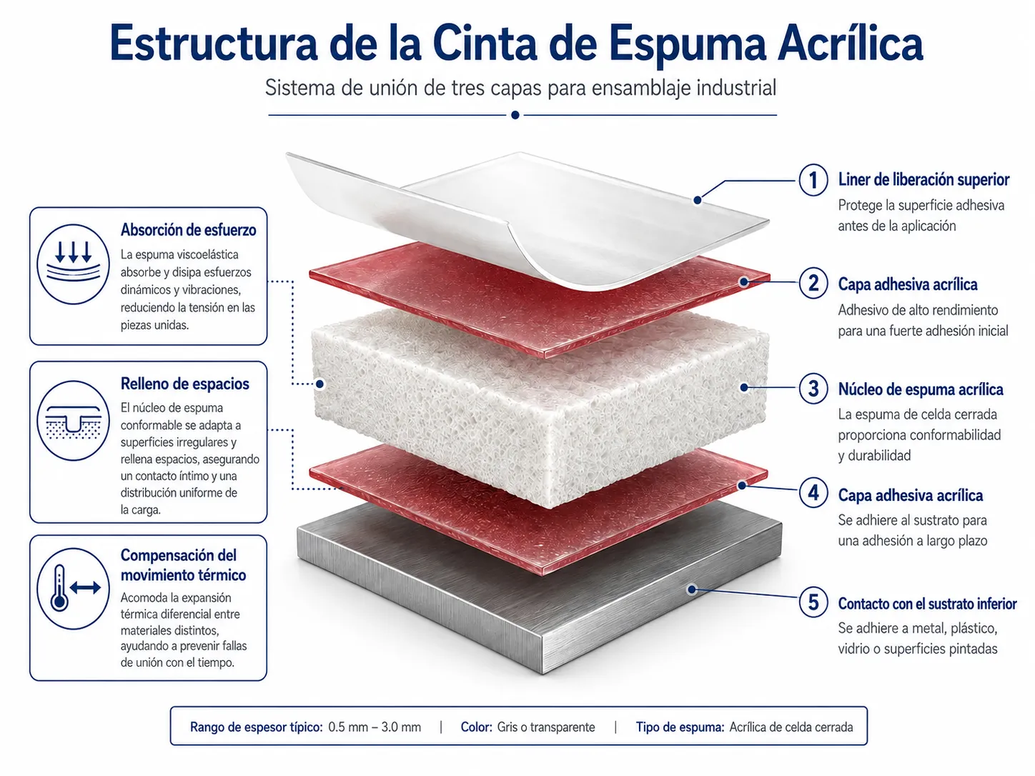 Estructura de tres capas de cinta de espuma acrílica con capas adhesivas acrílicas y núcleo de espuma