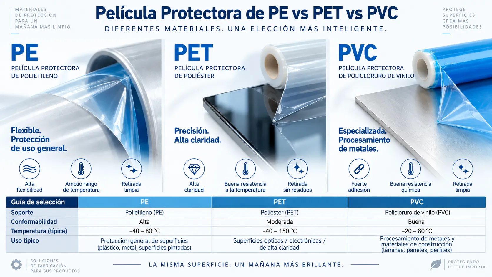 Comparativa de películas protectoras PE, PET y PVC